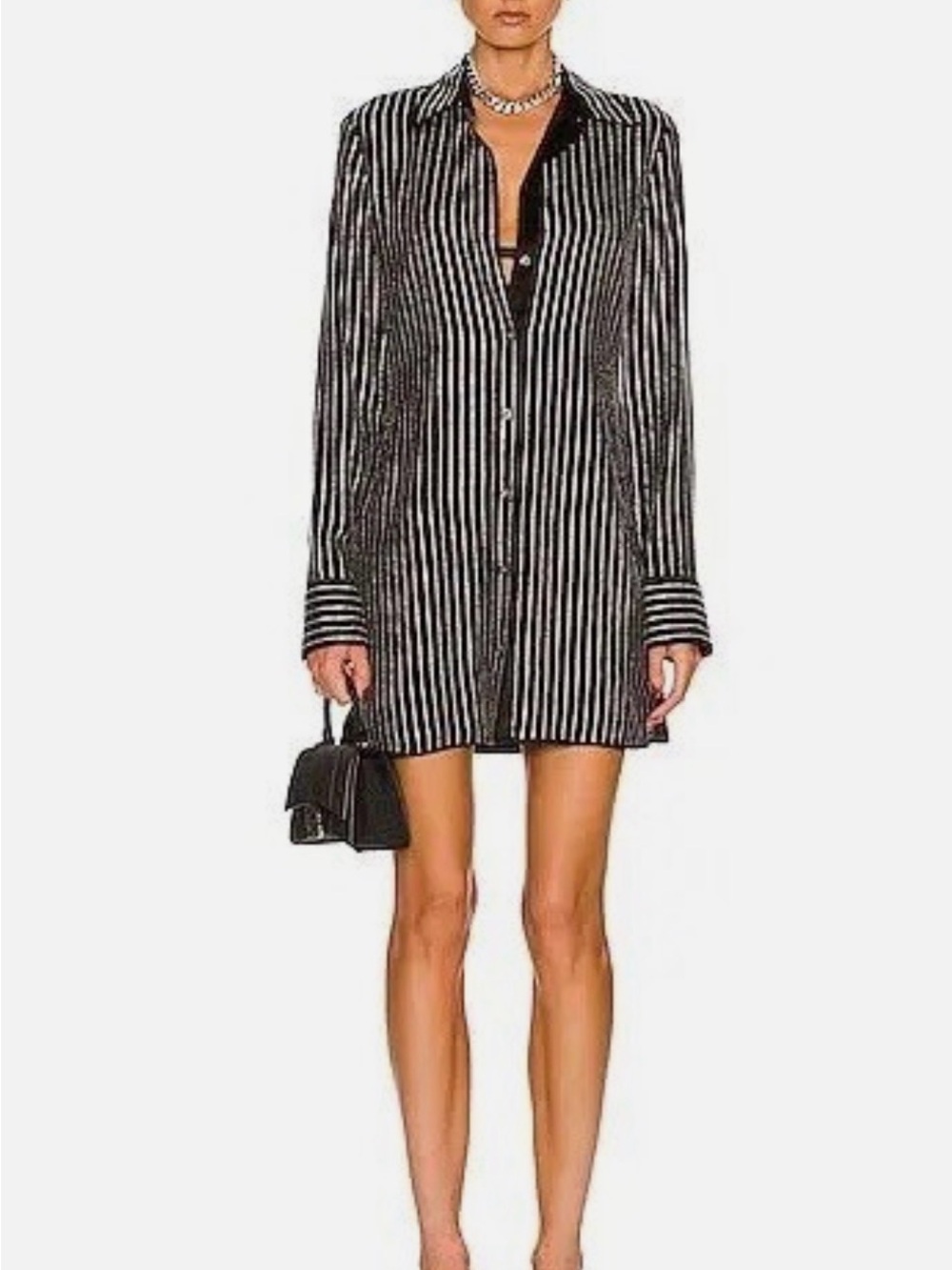 ALEXANDER WANG 
Crystal Pinstripe Long Sleeve Silk Minidress